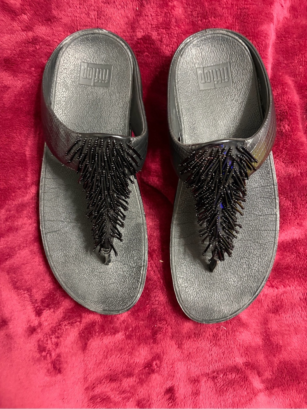 FitFlop Black Cha Chad Beaded Fringe Thong Sandals size 10